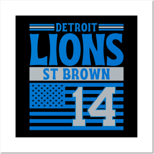 Detroit Lions Brown 14 American Flag Football Posters and Art